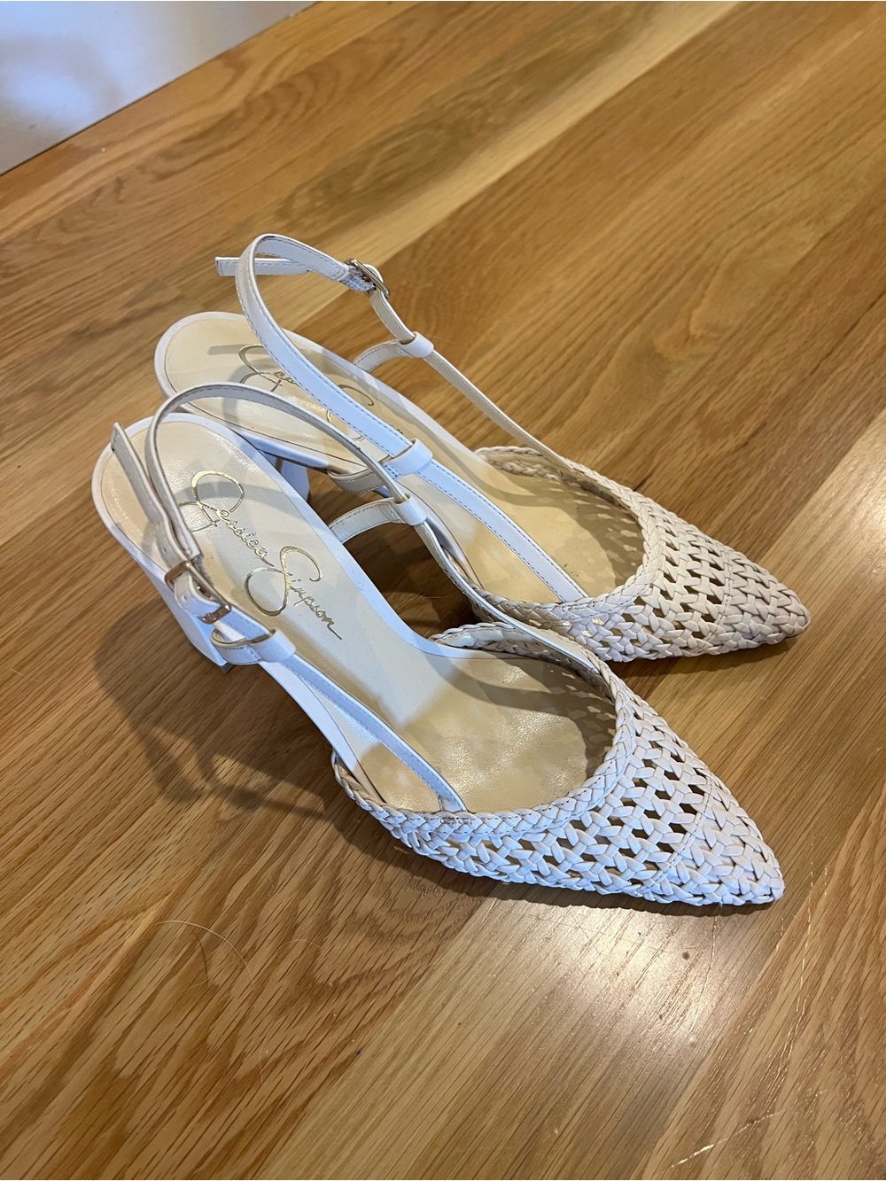 Jessica Simpson White Woven Pointed Slingback Heels